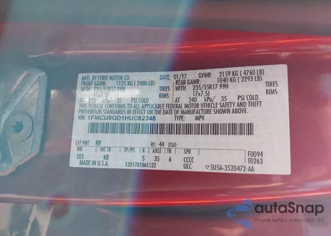 2017 Ford Escape Se z USA, uszkodzony, nr VIN 1FMCU9GD1HUC62348